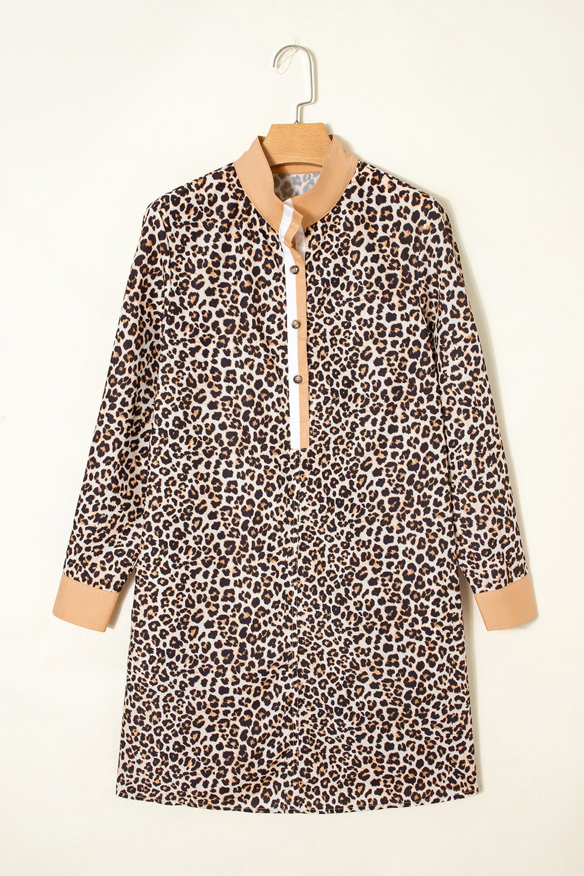 Khaki Button Striped Collar Leopard Print Long Sleeve Flared Dress