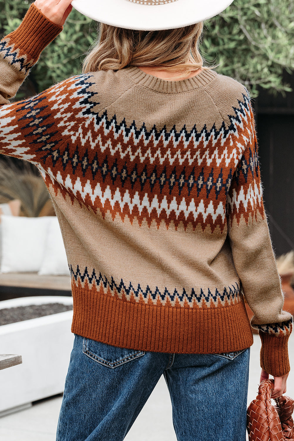 Khaki Aztec Print Colorblock Crew Neck Sweater