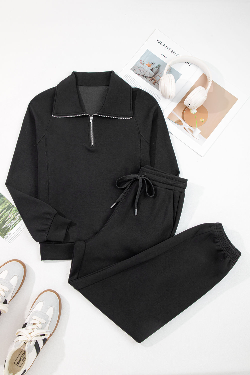 Black Zip Collar Long Sleeve Top Drawstring Pants Set