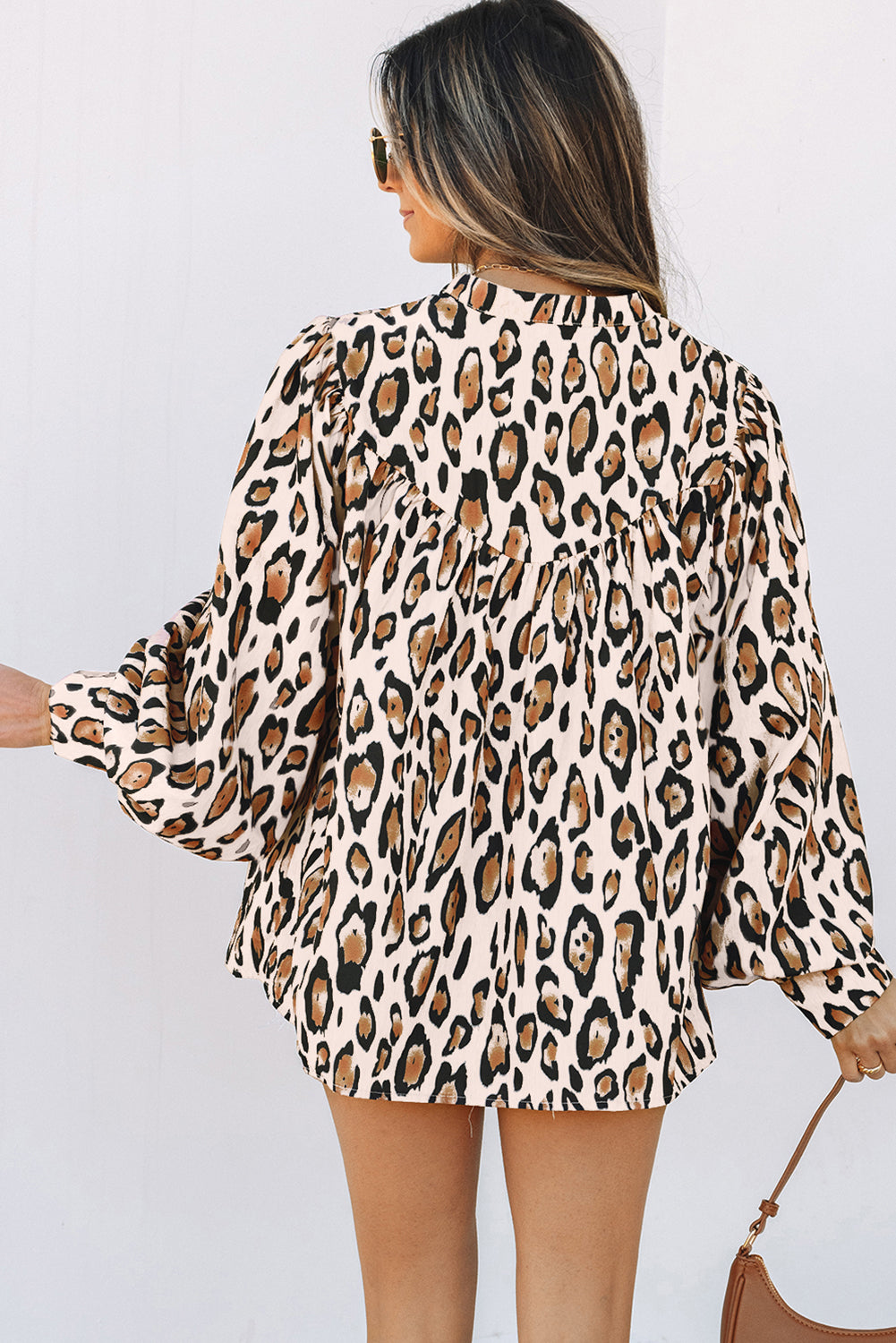 Jet Stream Oversized Leopard Print Balloon Sleeve Casual Shirt