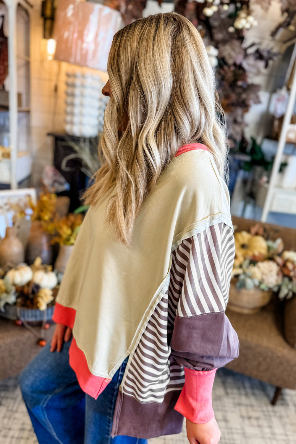 White Color Block Striped Patchwork Dolman Slit Sweatshirt