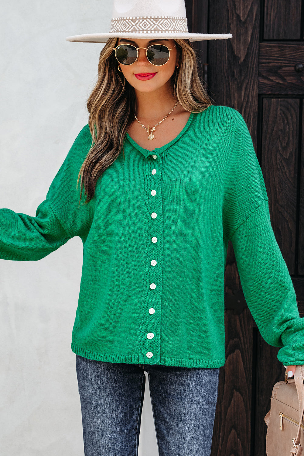 Bright Green Solid Color Knit Button Drop Shoulder Sweater Cardigan