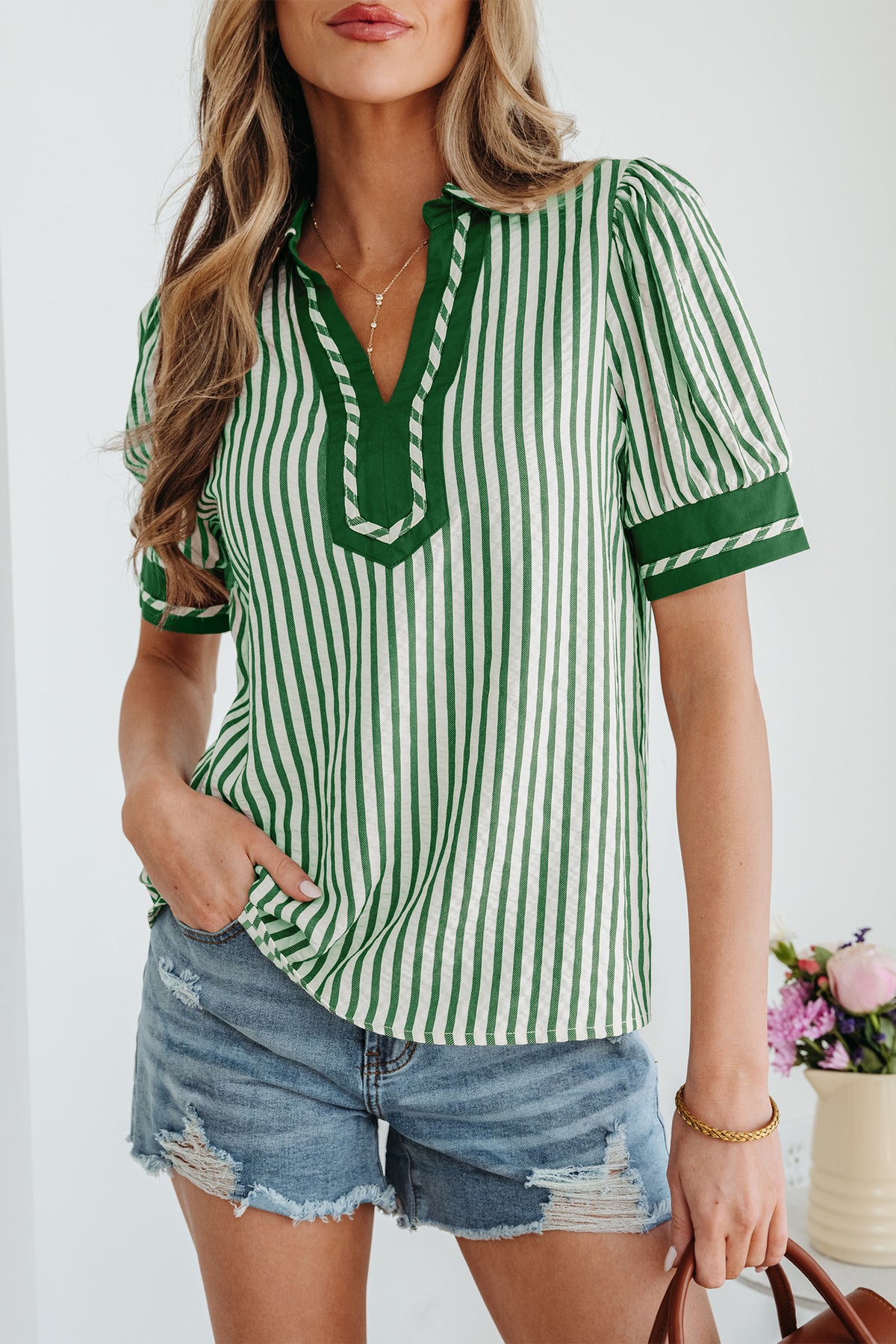 Green Stripe Collared Split Neck Short Bubble Sleeve Blouse