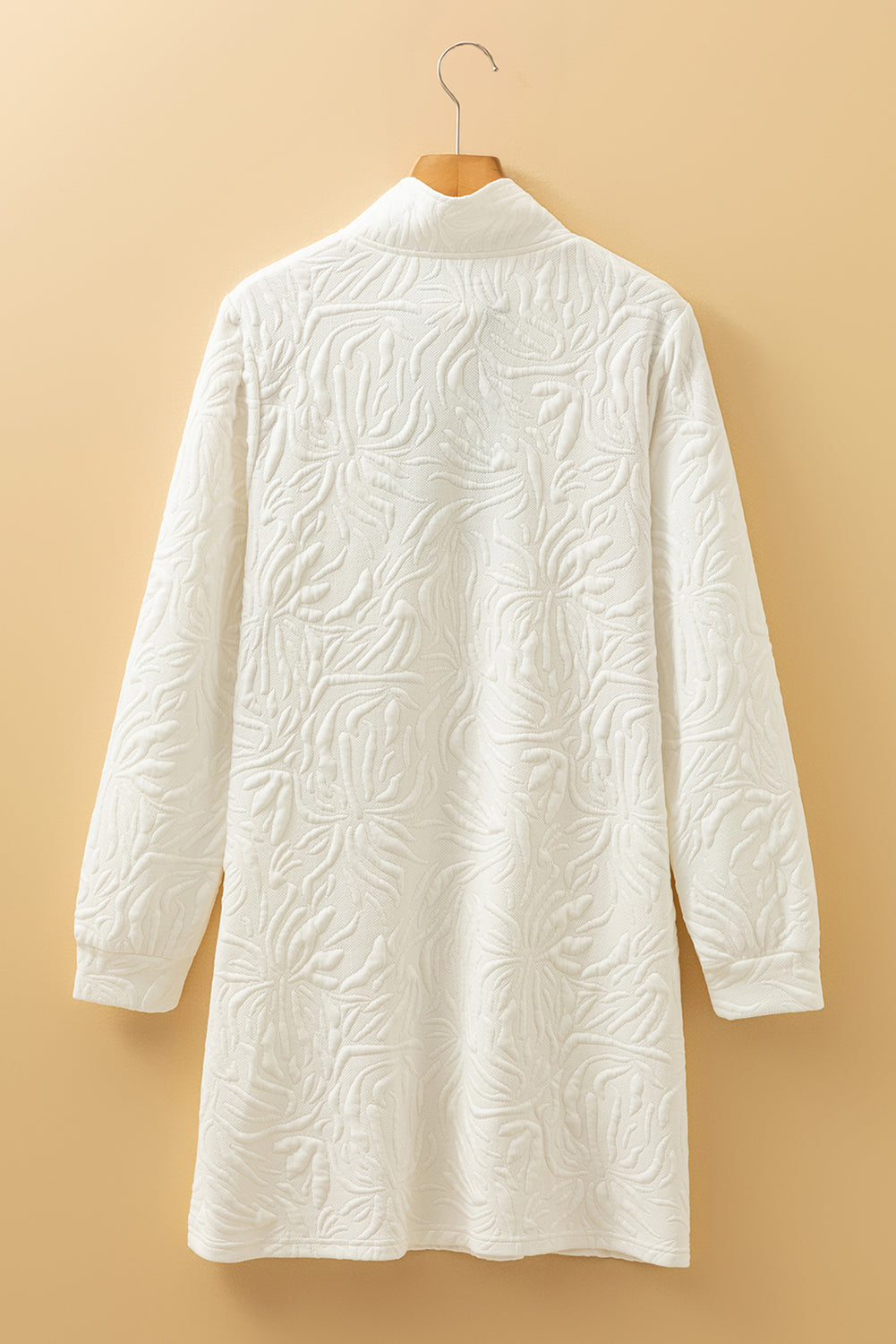 White Jacquard Textured Quarter Zipper Shift Mini Dress
