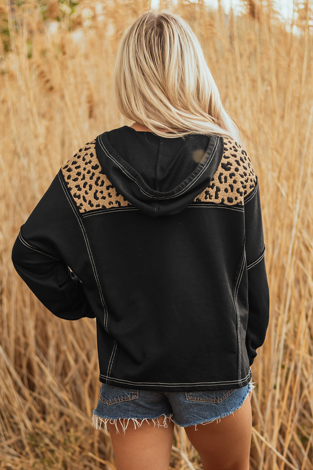 Brown Leopard Patchwork Contrast Stitching Knotted Cuff Quarter Zip Hoodie