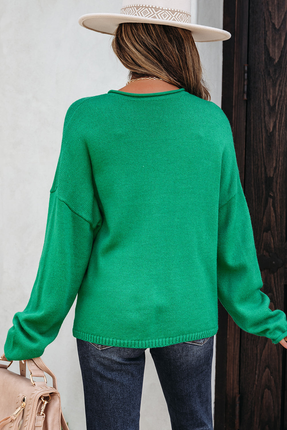 Bright Green Solid Color Knit Button Drop Shoulder Sweater Cardigan