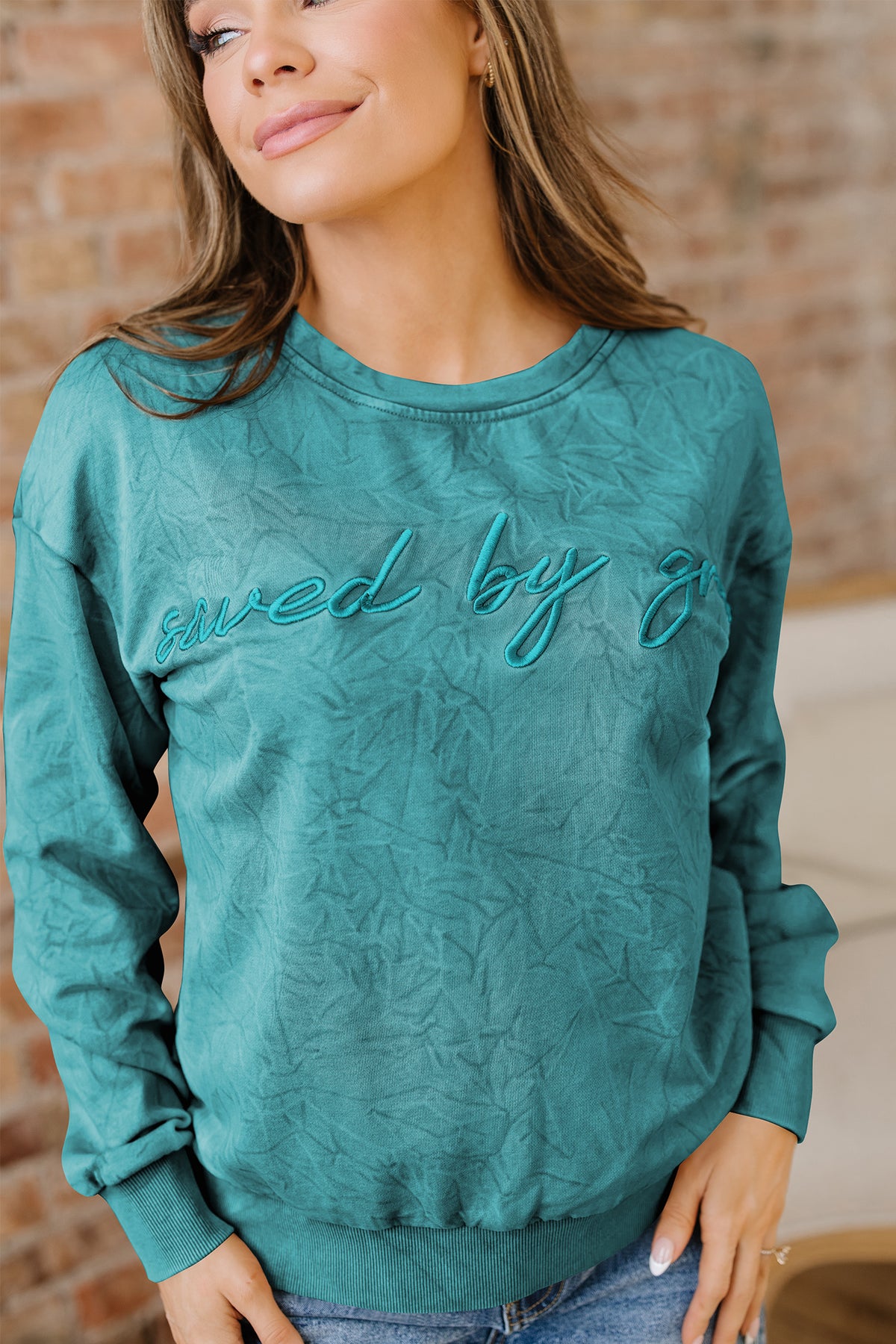 Sea Green saved by grace Letter Embroidery Mineral Wash Loose Sweatshirt