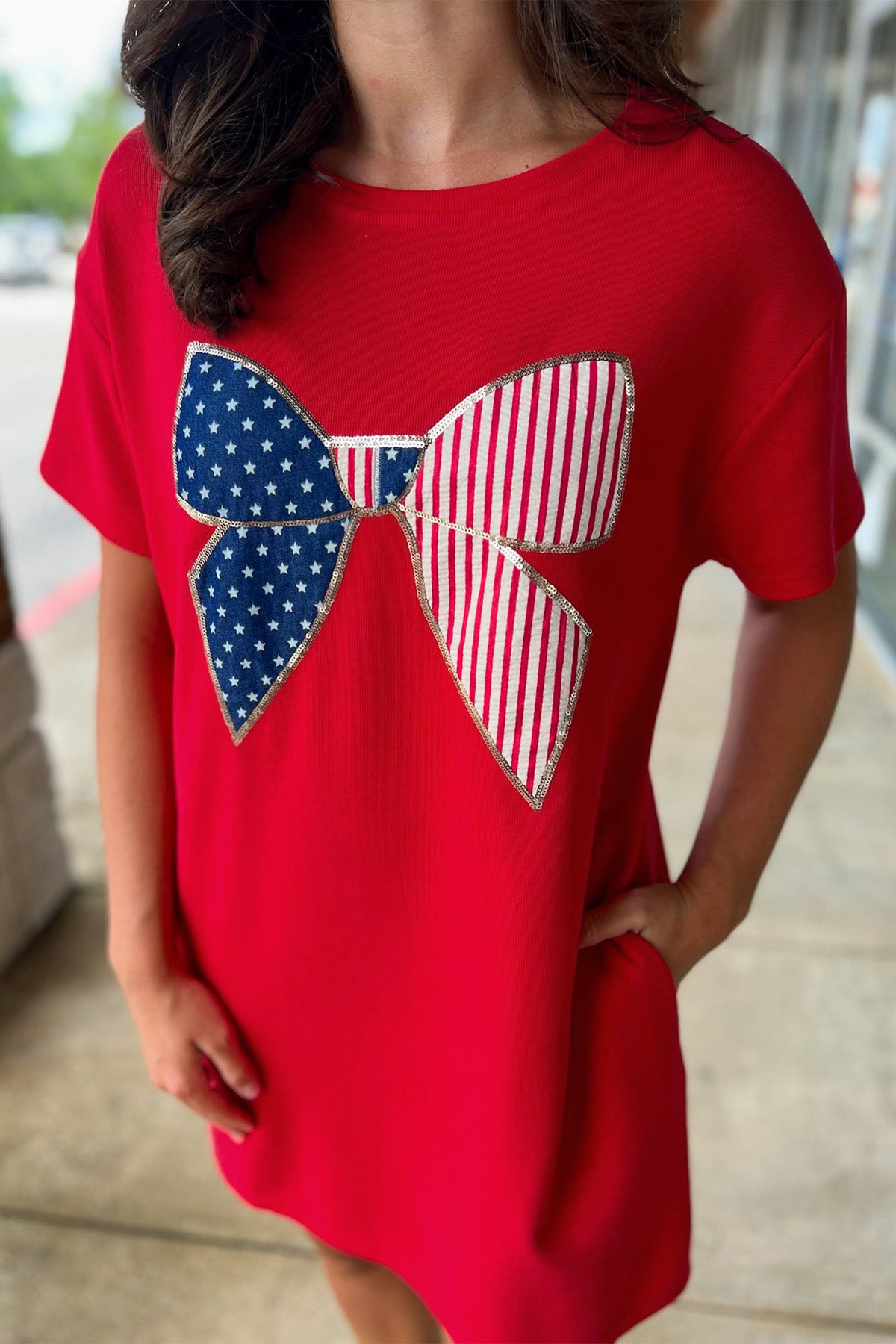 Fiery Red Sequin Trim Stars and Stripes Bow Patched T Shirt Mini Dress