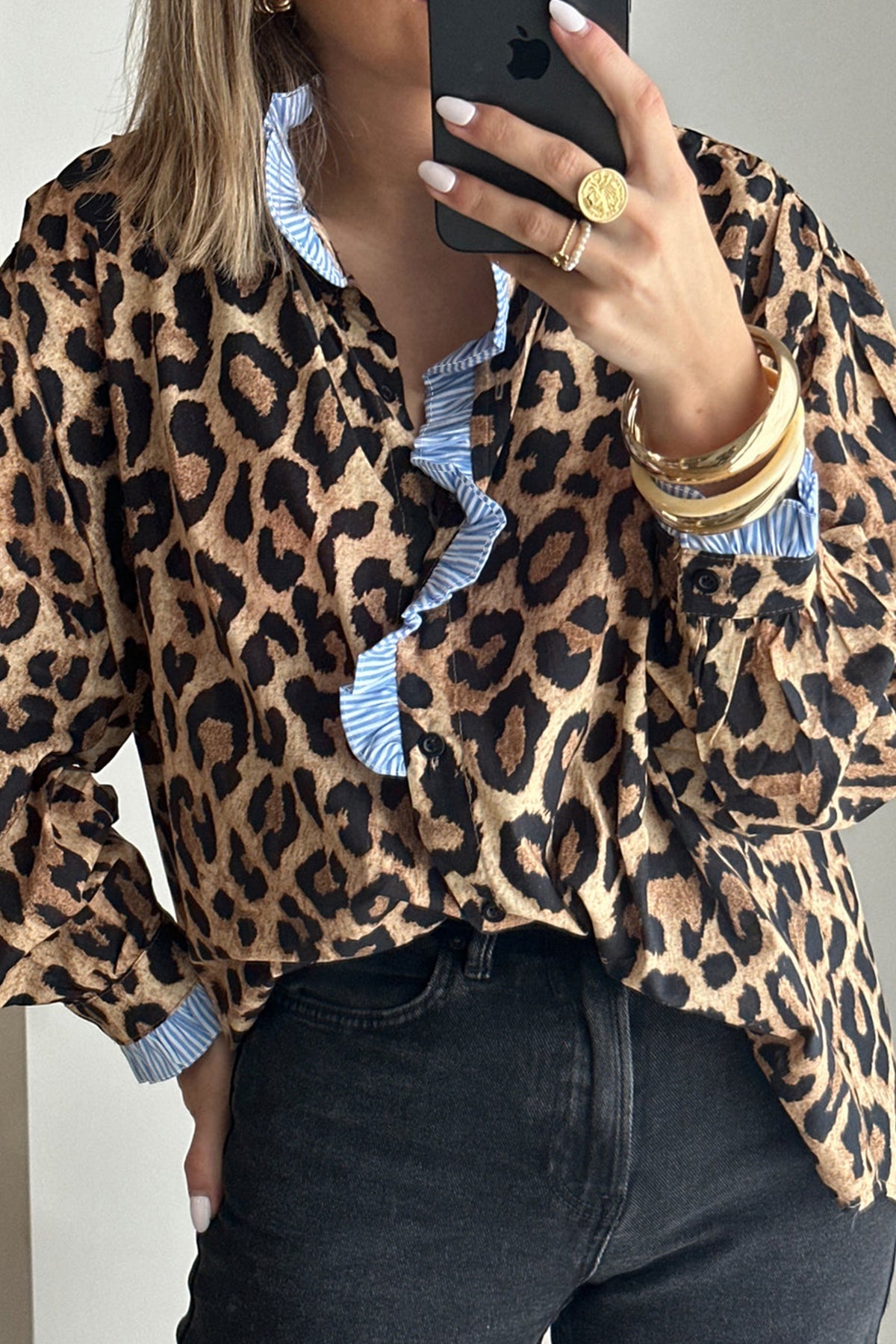 Brown Wild Leopard Print Contrast Striped Frilled Trim Chic Shirt