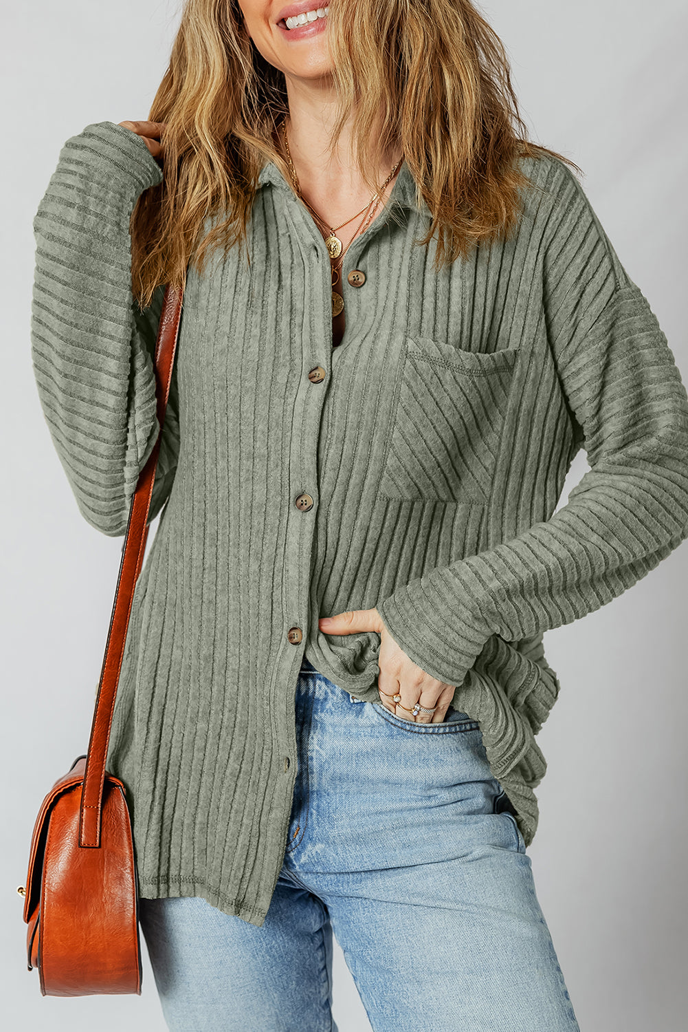 Mist Green Thermal Ribbed Texture Drop Shoulder Button Up Shacket