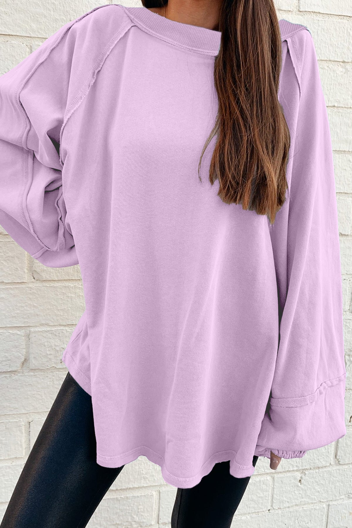 Orchid Petal Solid Color Raw Seam Patchwork Baggy Sweatshirt