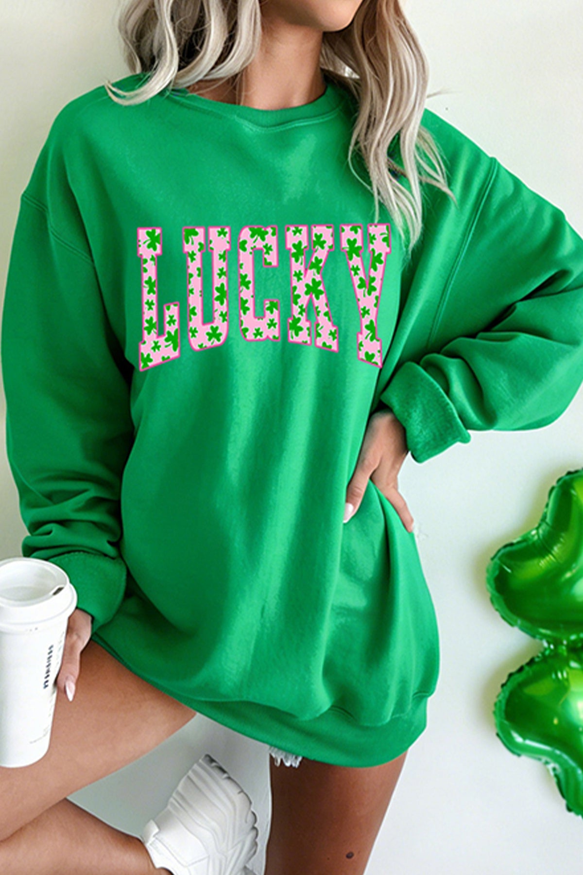 Dark Green LUCKY Clover Letter Printed Loose Pullover Sweatshirt
