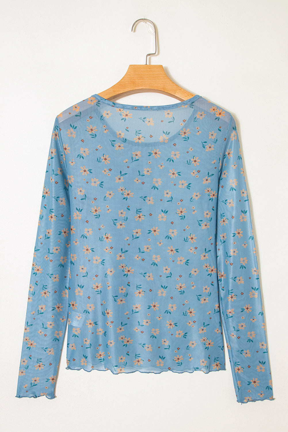 Sky Blue Vintage Floral Print Southern Style Mesh Long Sleeve Top