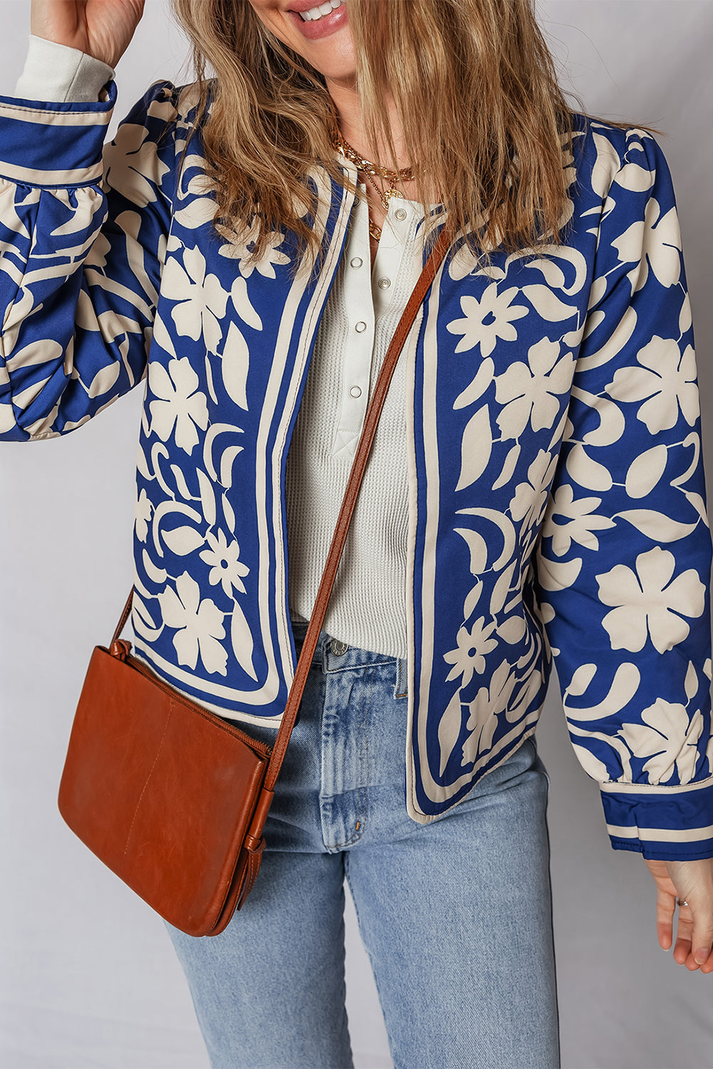 Blue Flower Print Open Front Buttoned Cuffs Elegant Jacket