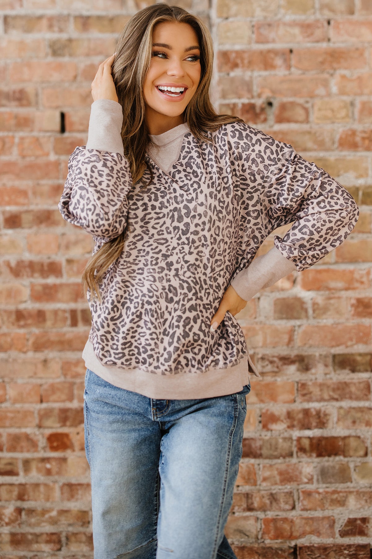 Khaki Leopard Print Patchwork Crew Neck Sweatshirt