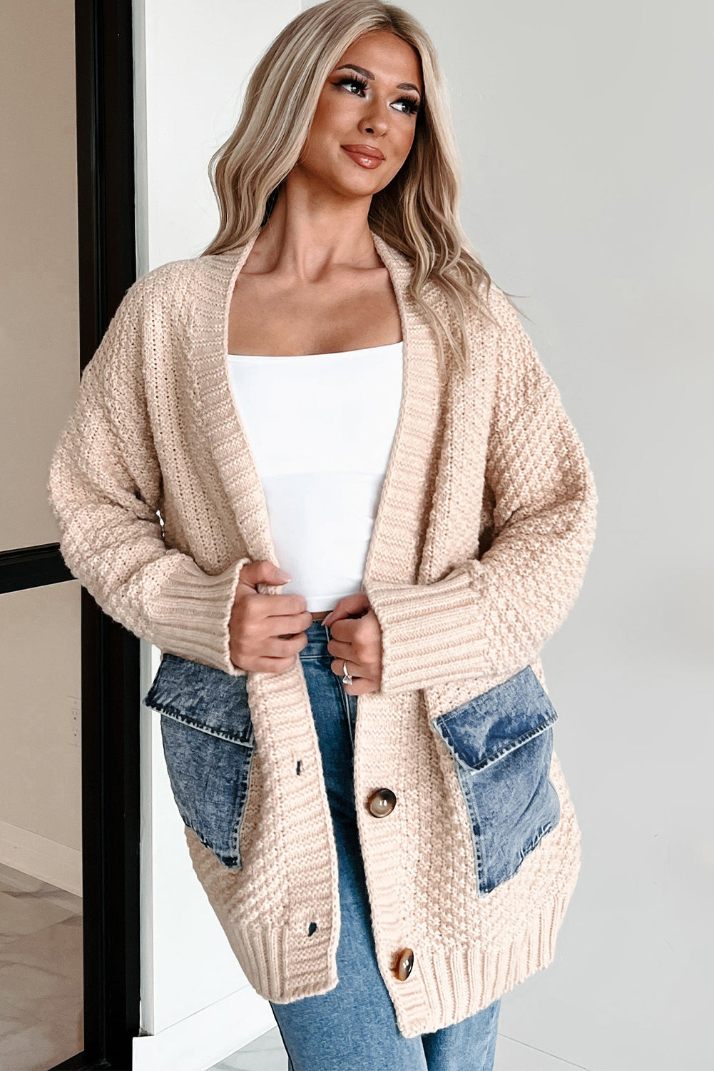 Smoke Gray Open Front Knitted Denim Pocket Patchwork Cardigan