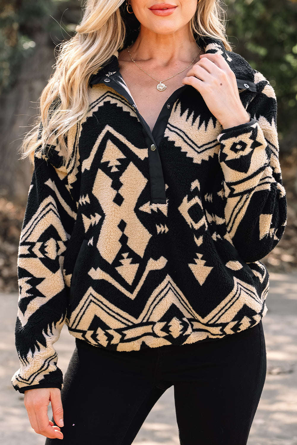 Black Western Aztec Half Placket Plush Sweatshirt