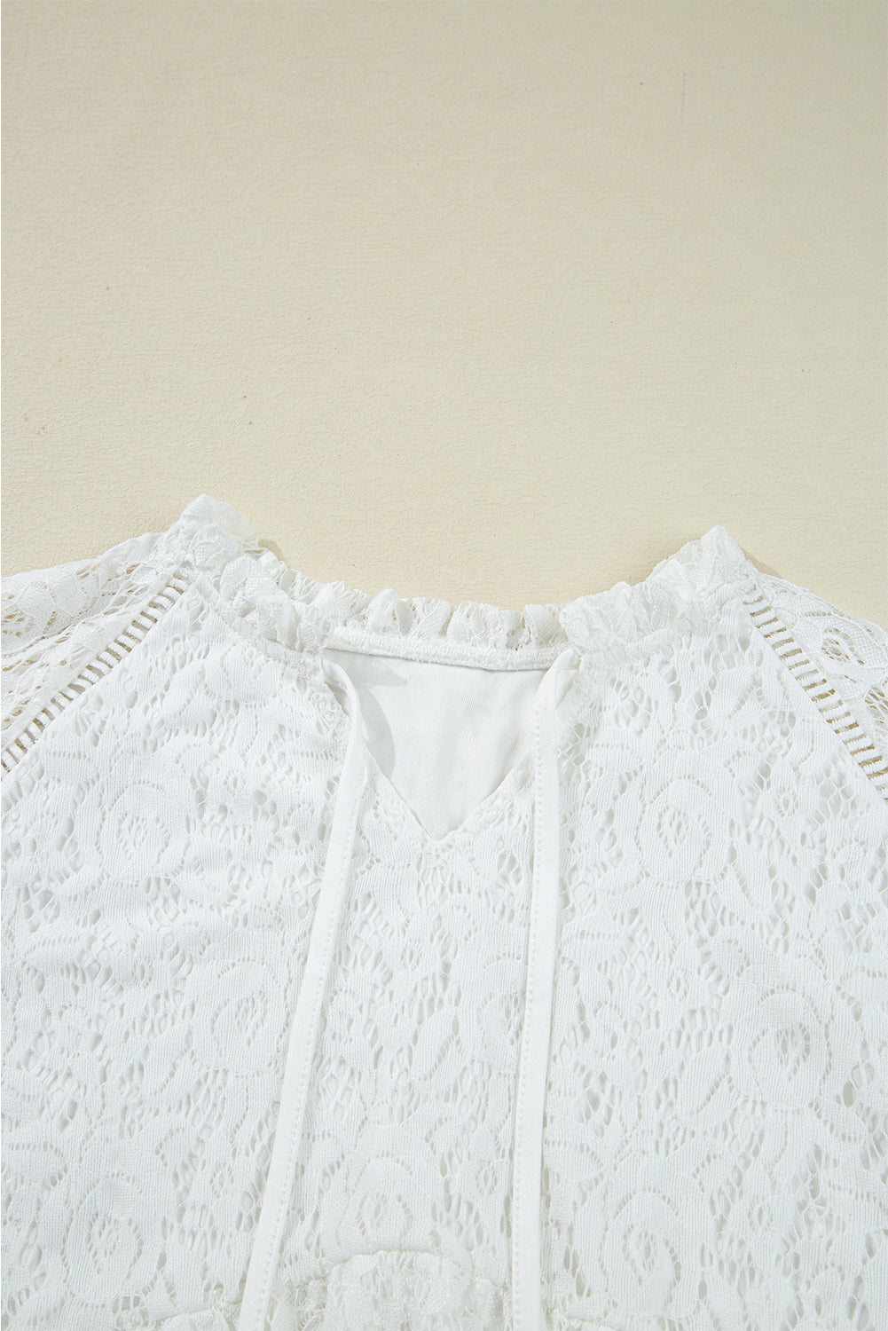 White Tie V Neck Lace Ruffle Detail Long Sleeve Blouse