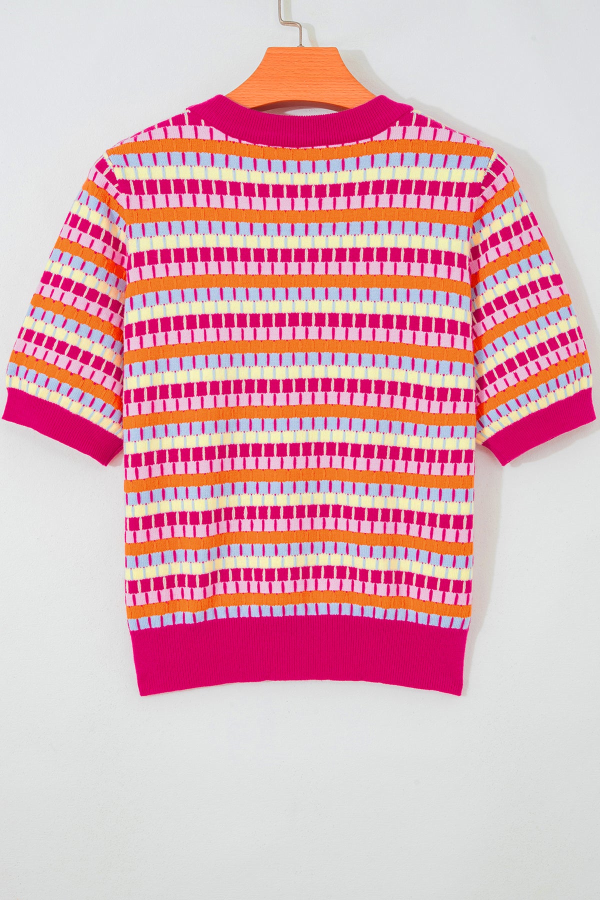Rose Red Abstract Striped Knit Short Sleeve Sweater