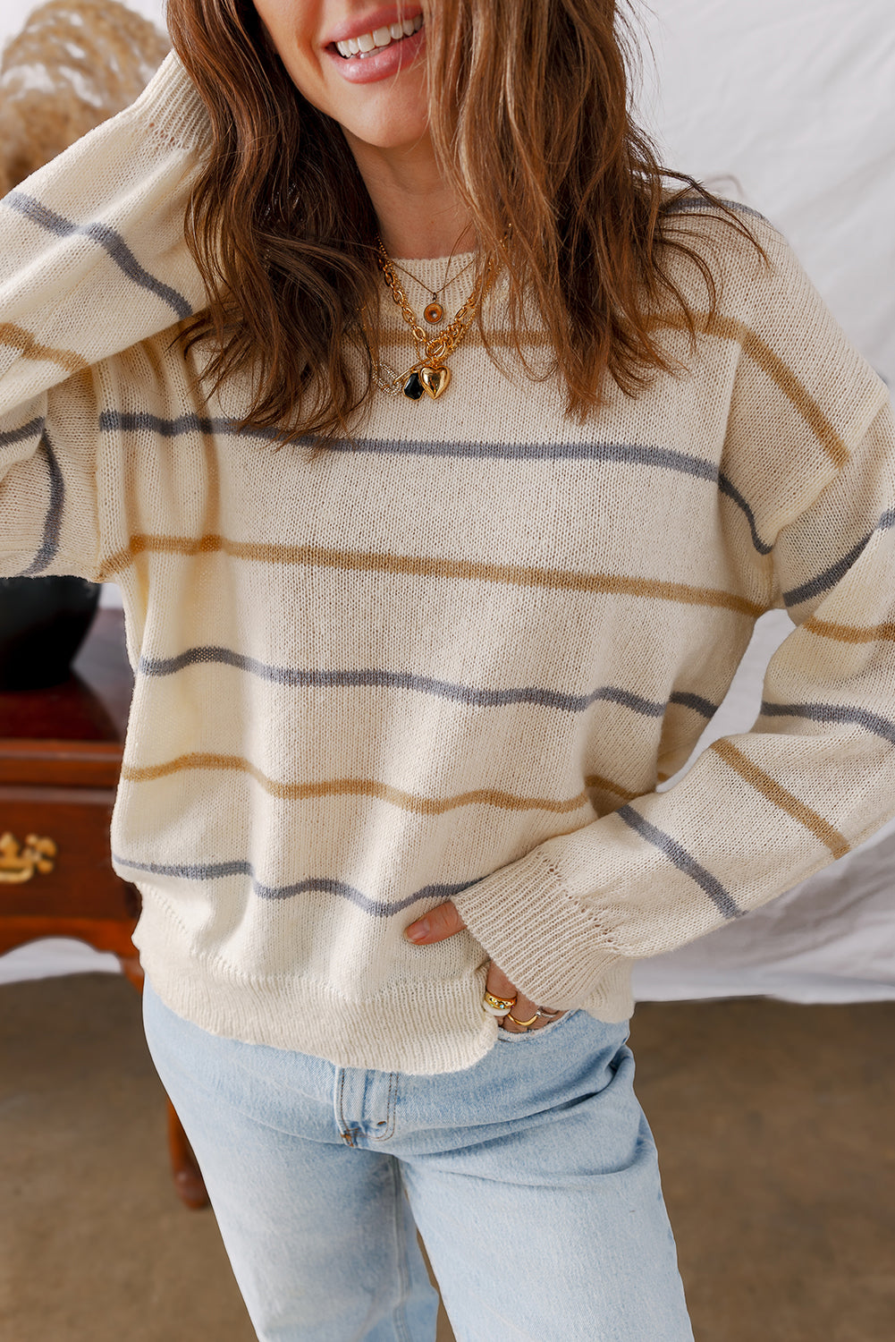 Multicolour Ribbed Edge Drop Shoulder Sweater