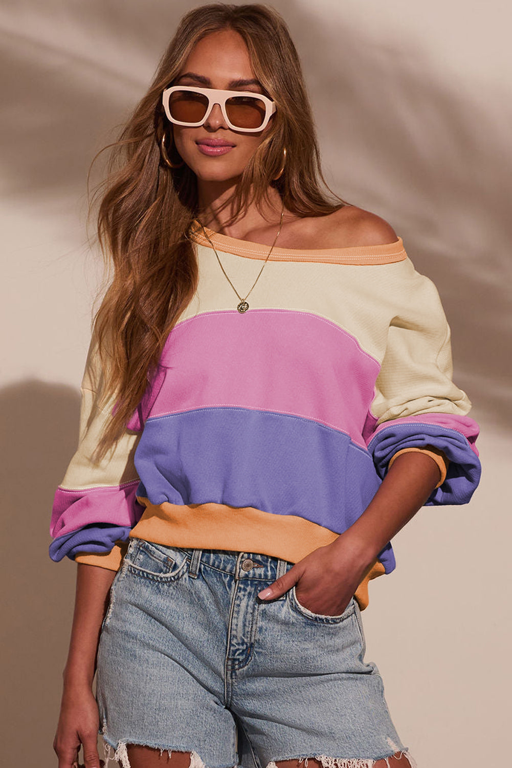Phalaenopsis Color Block Patchwork Drop Shoulder Cropped Sweatshirt