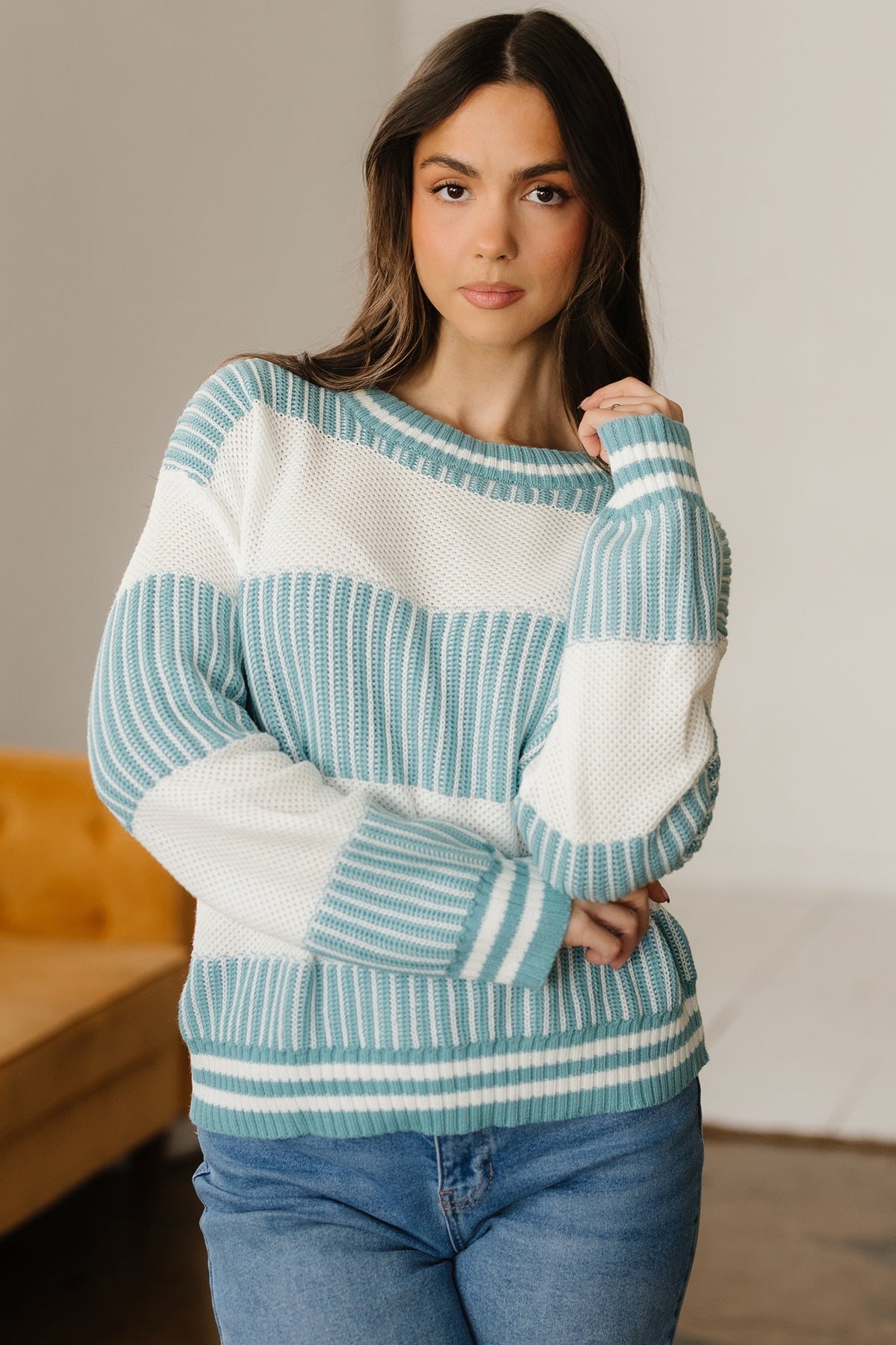 Light Blue Two Tone Striped Patchwork Drop Shoulder Loose Sweater