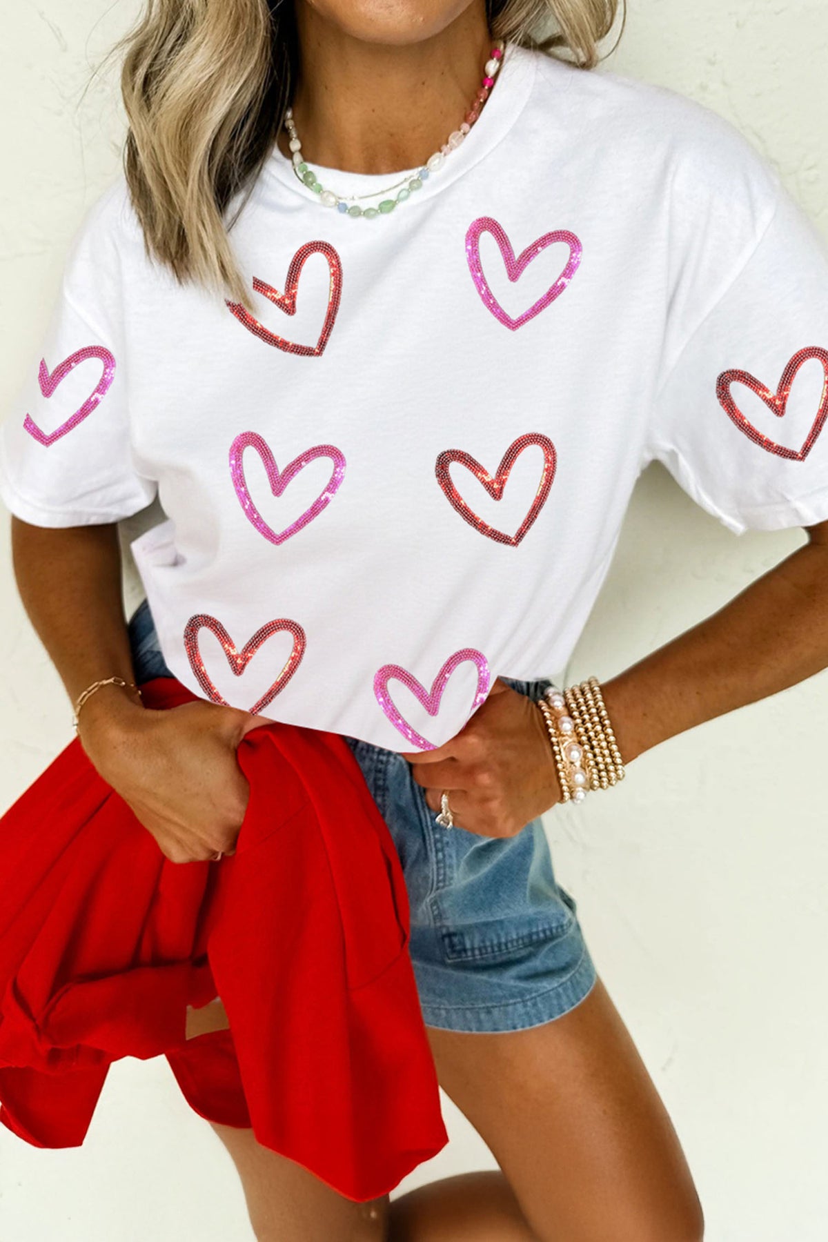 White Sequin Heart Sketch Graphic Womens Casual Tee