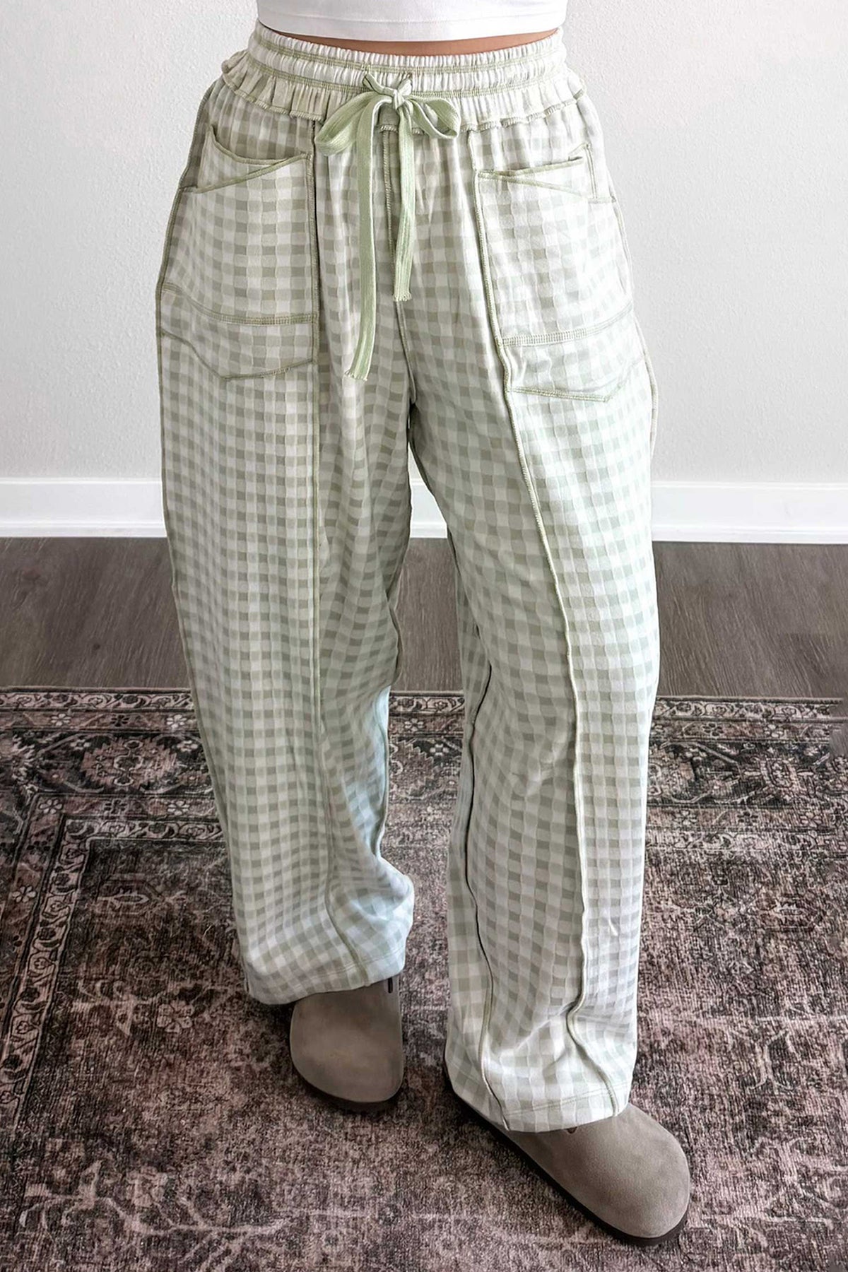 Green Plaid Contrast Trim Drawstring Elastic Waist Shift Pants