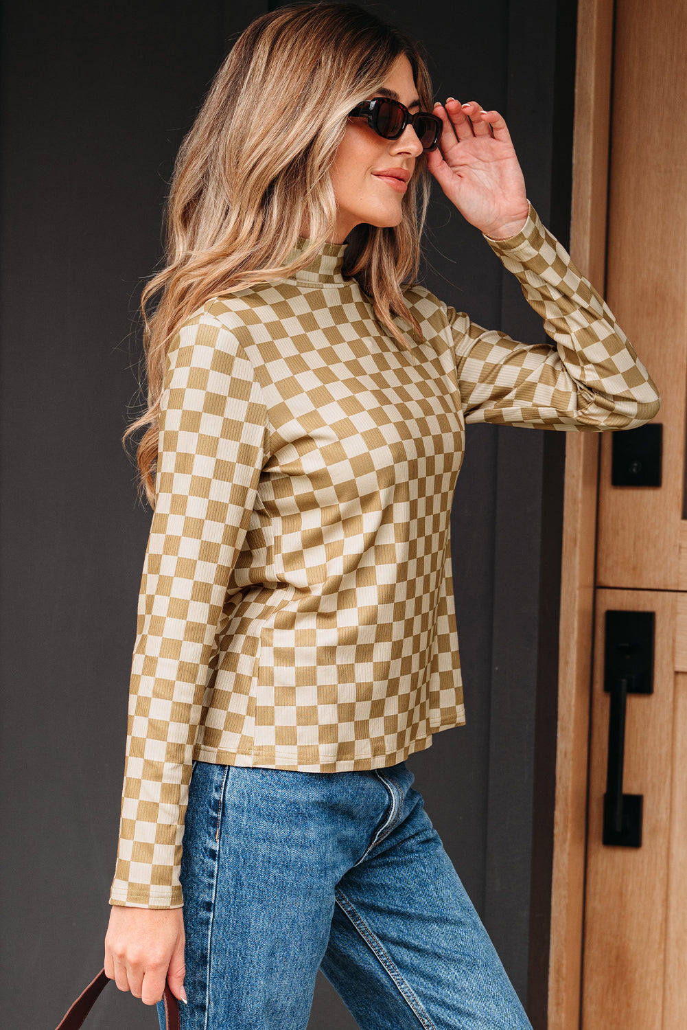Khaki Check Pattern Turtleneck Ribbed Slim Long Sleeve Tee