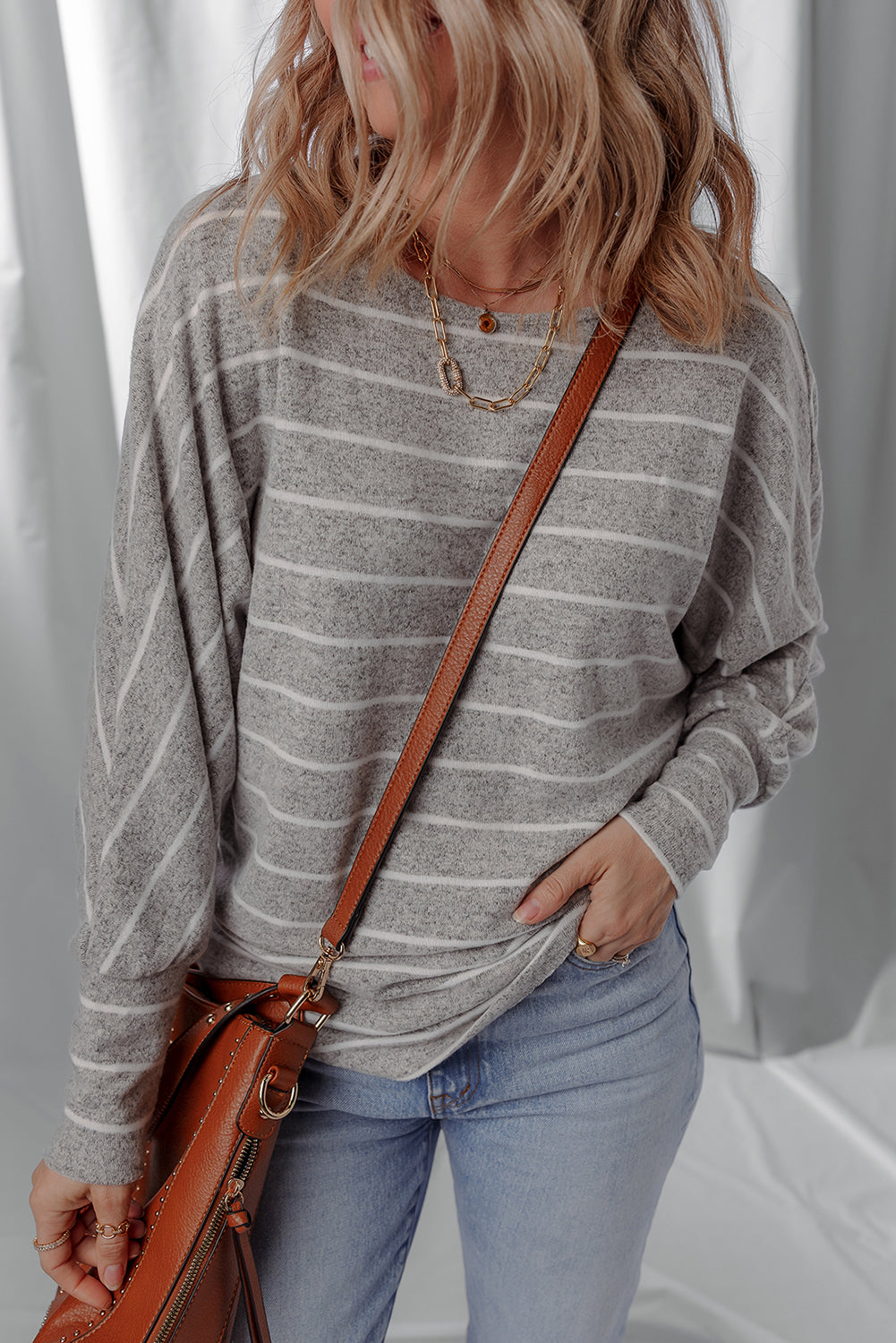 Gray Stripe Dolman Sleeve Drop Shoulder Top