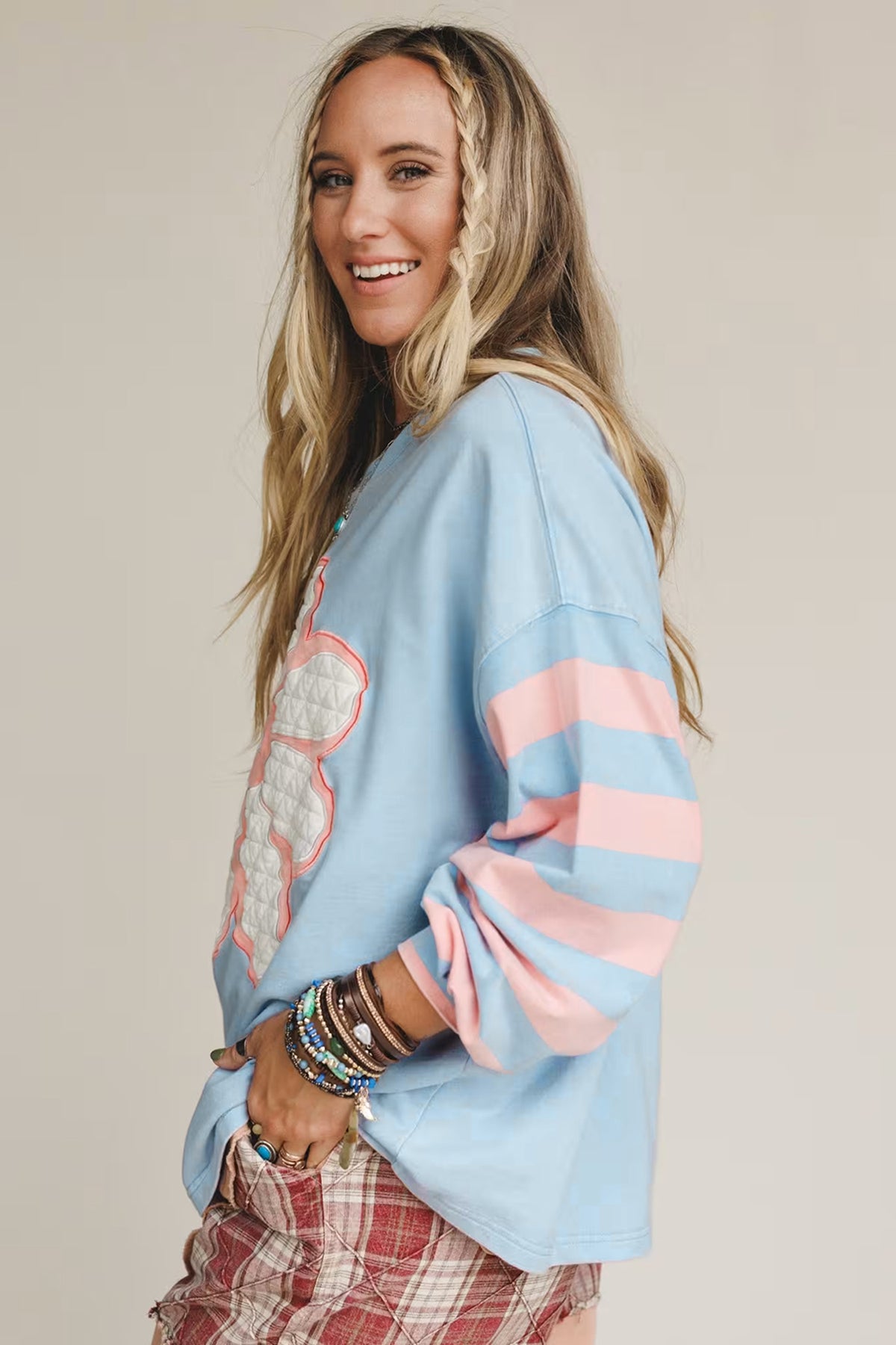 Beau Blue Big Flower Patch Drop Shoulder Striped Long Sleeve Top