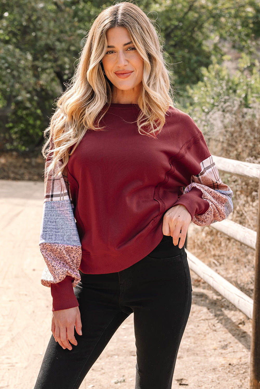 Red Sandalwood Plaid Colorblock Patchwork Sleeve Raw Seam Sweatshirt