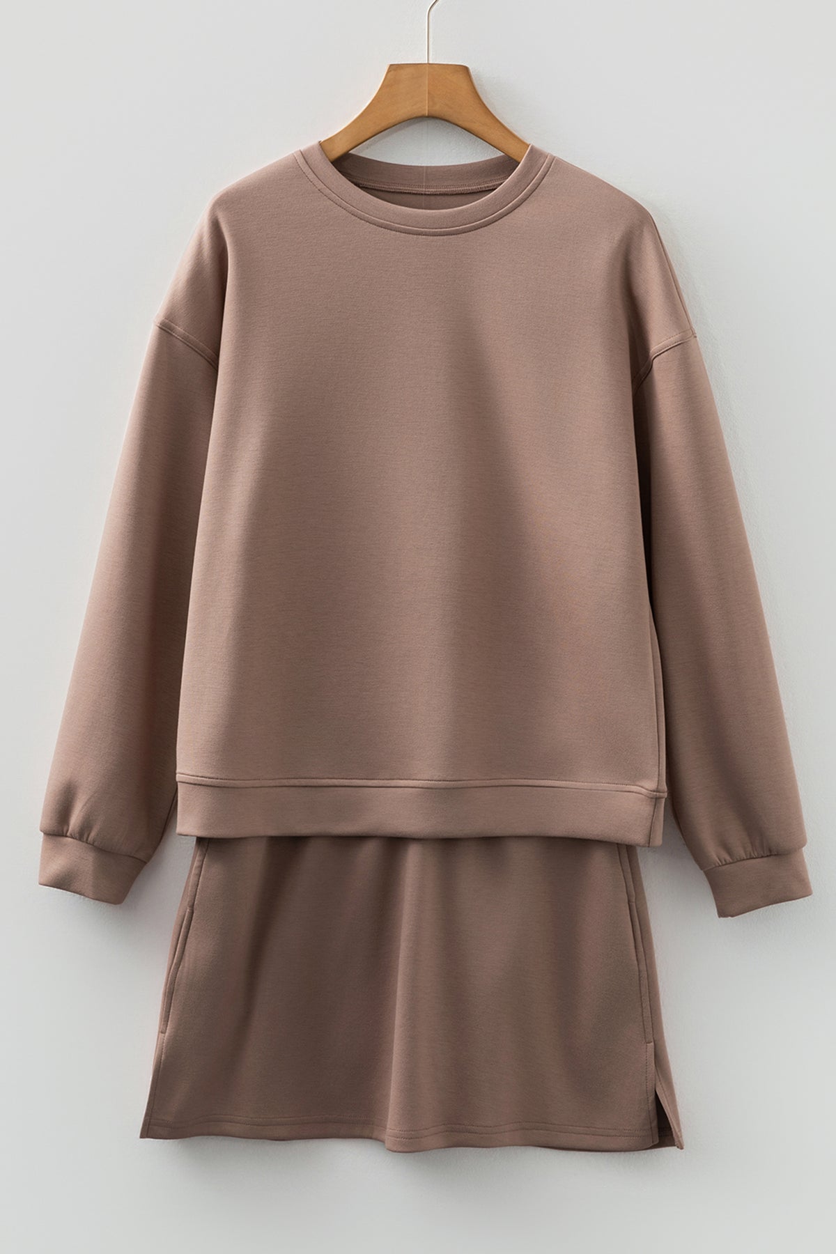 Coffee Solid Color Drop Shoulder Pullover Drawstring Mini Skort 2pcs Outfit