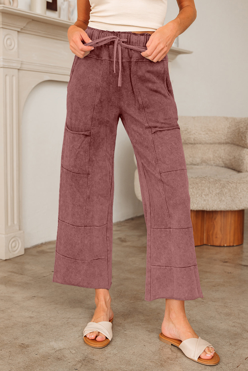 Wild Ginger  Mineral Wash Lace-up High Waist Raw Hem Patched Pocket Pants