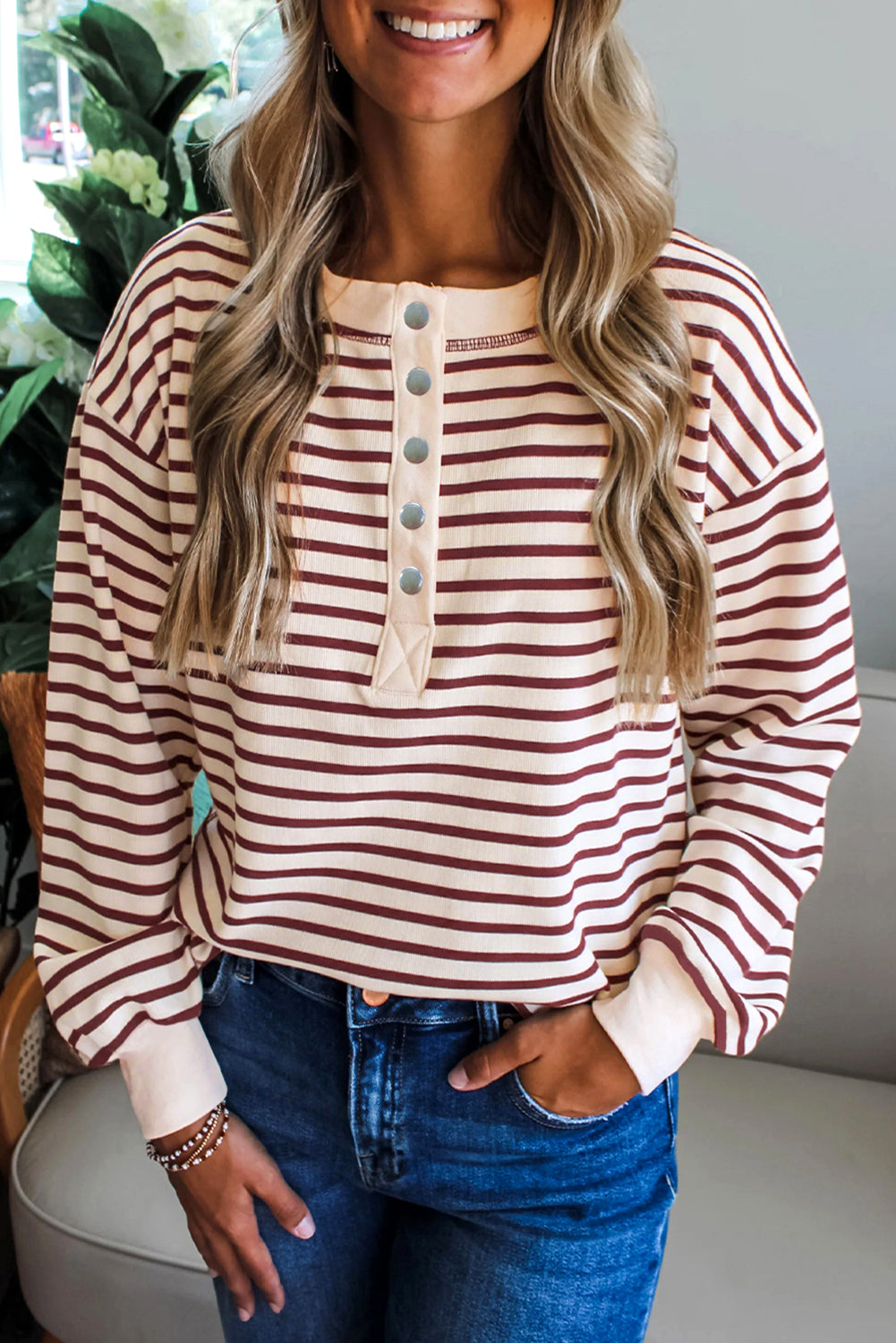 Red Dahlia Striped Print Drop Shoulder Long Sleeve Henley Top