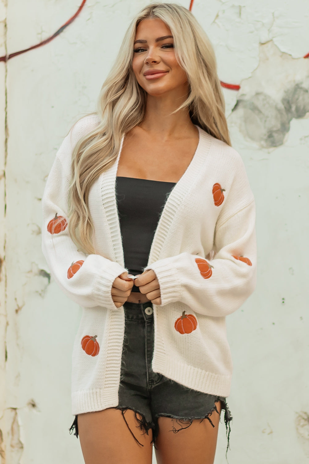 White Pumpkin Print Open Front Drop Shoulder Midi Cardigan