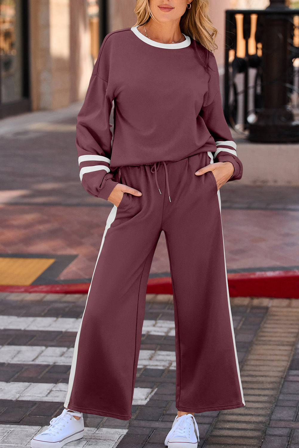 Mineral Red Varsity Stripe Patchwork Puff Sleeve Pullover Drawstring Wide Leg Pant Set
