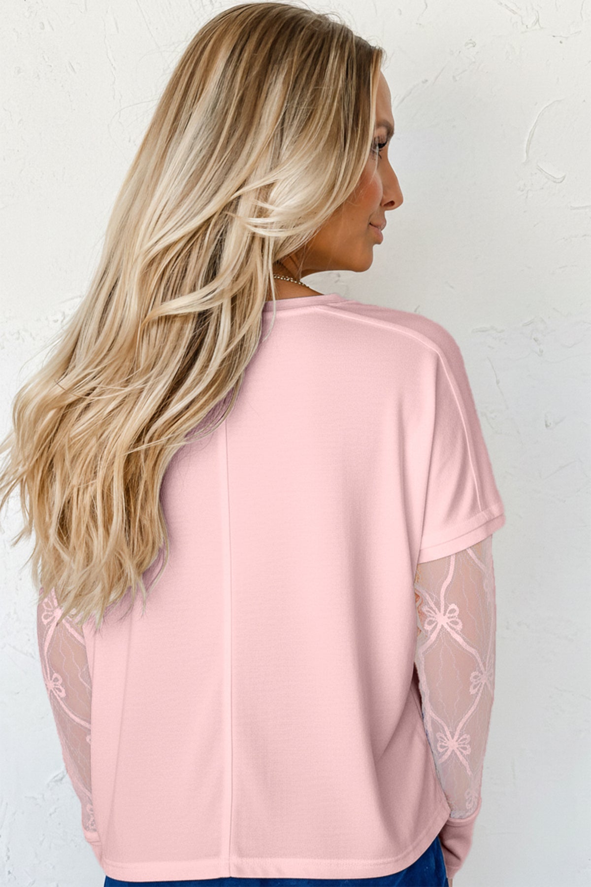 Light Pink Solid Color Bow Textured Patchwork Long Sleeve Tee