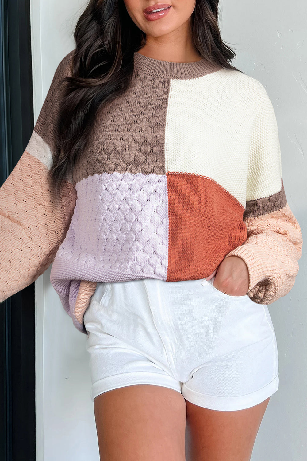 Coffee Mix Texture Colorblock Knit Baggy Sweater