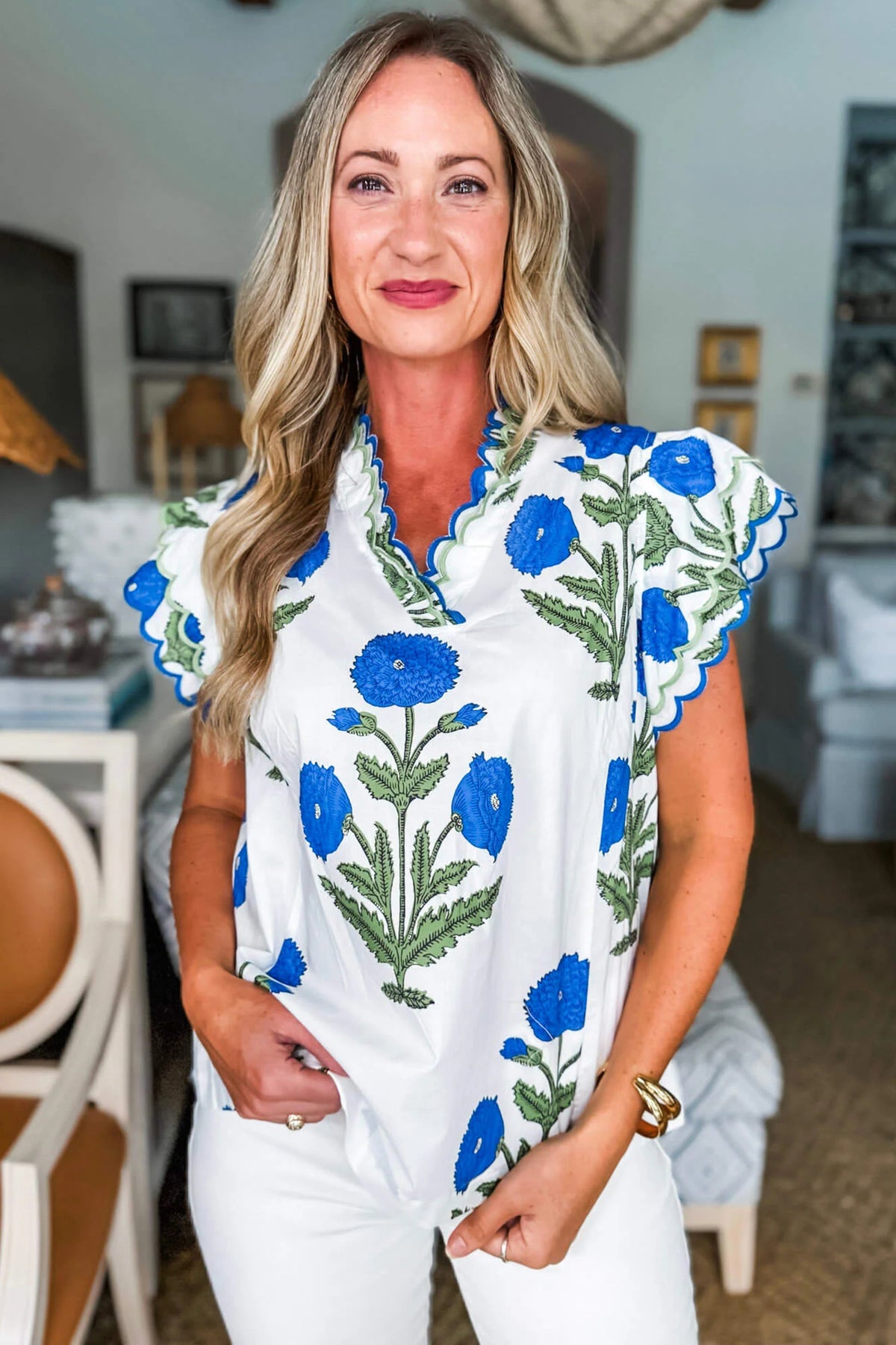 Blue Wild Flower Print Contrast Trim Scallop Detail Short Sleeve Blouse