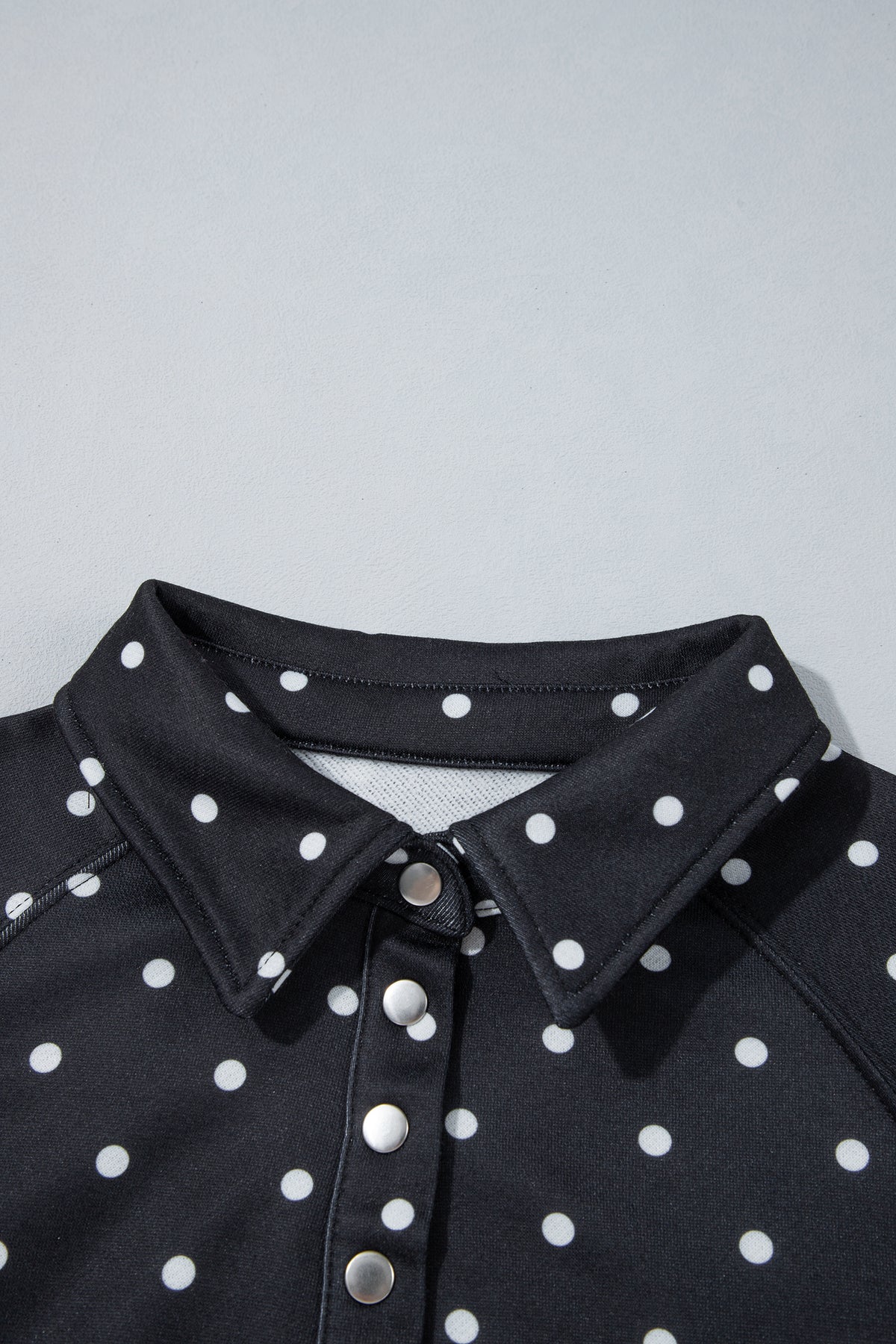 Black Polka Dot Print Metal Button Collar Casual Pullover Sweatshirt