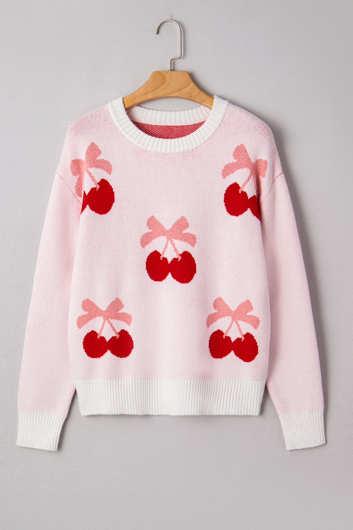 White Cherry Pattern Drop Shoulder Sweater