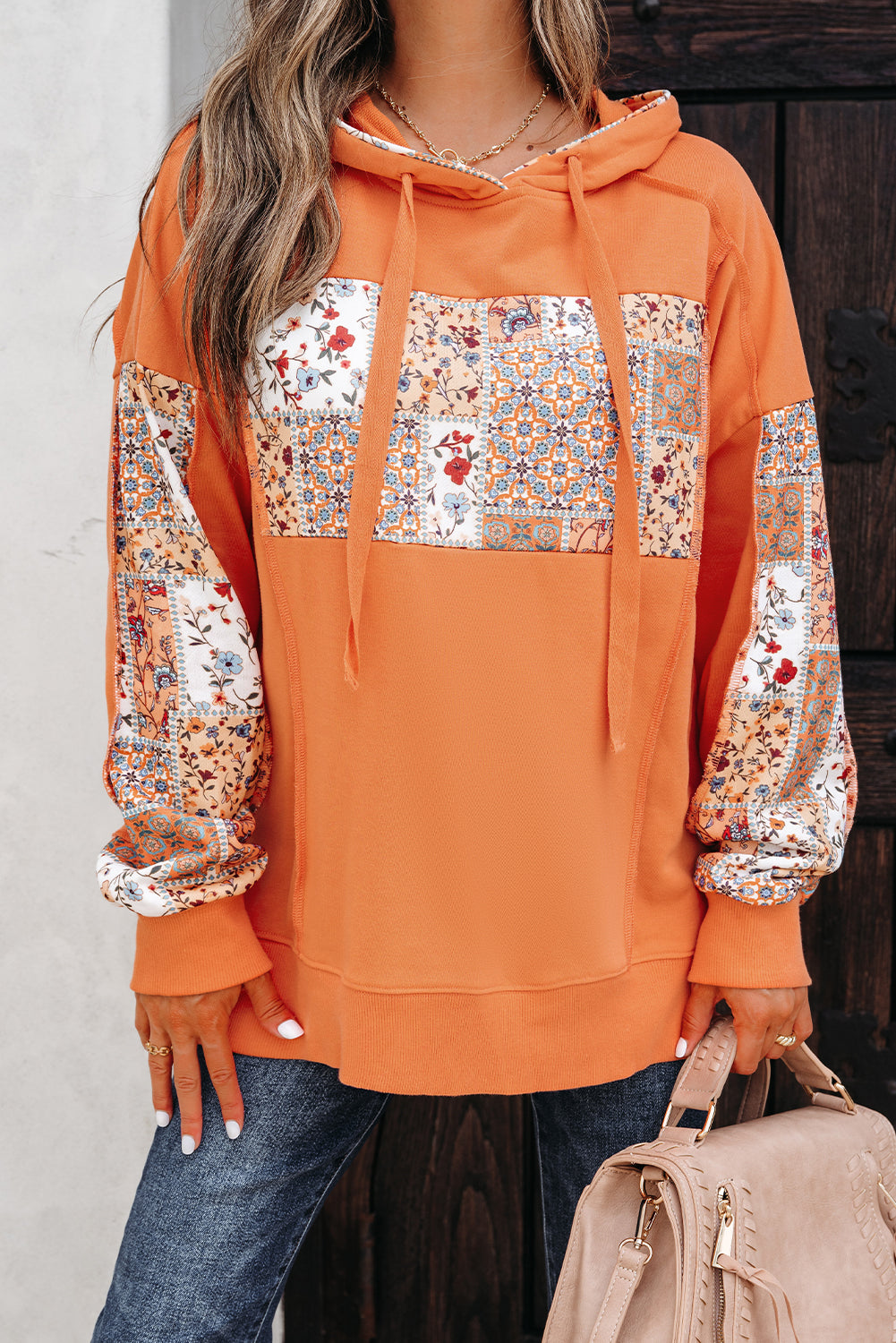 Flamingo Mix Floral Patchwork Side Slit Drawstring Hoodie