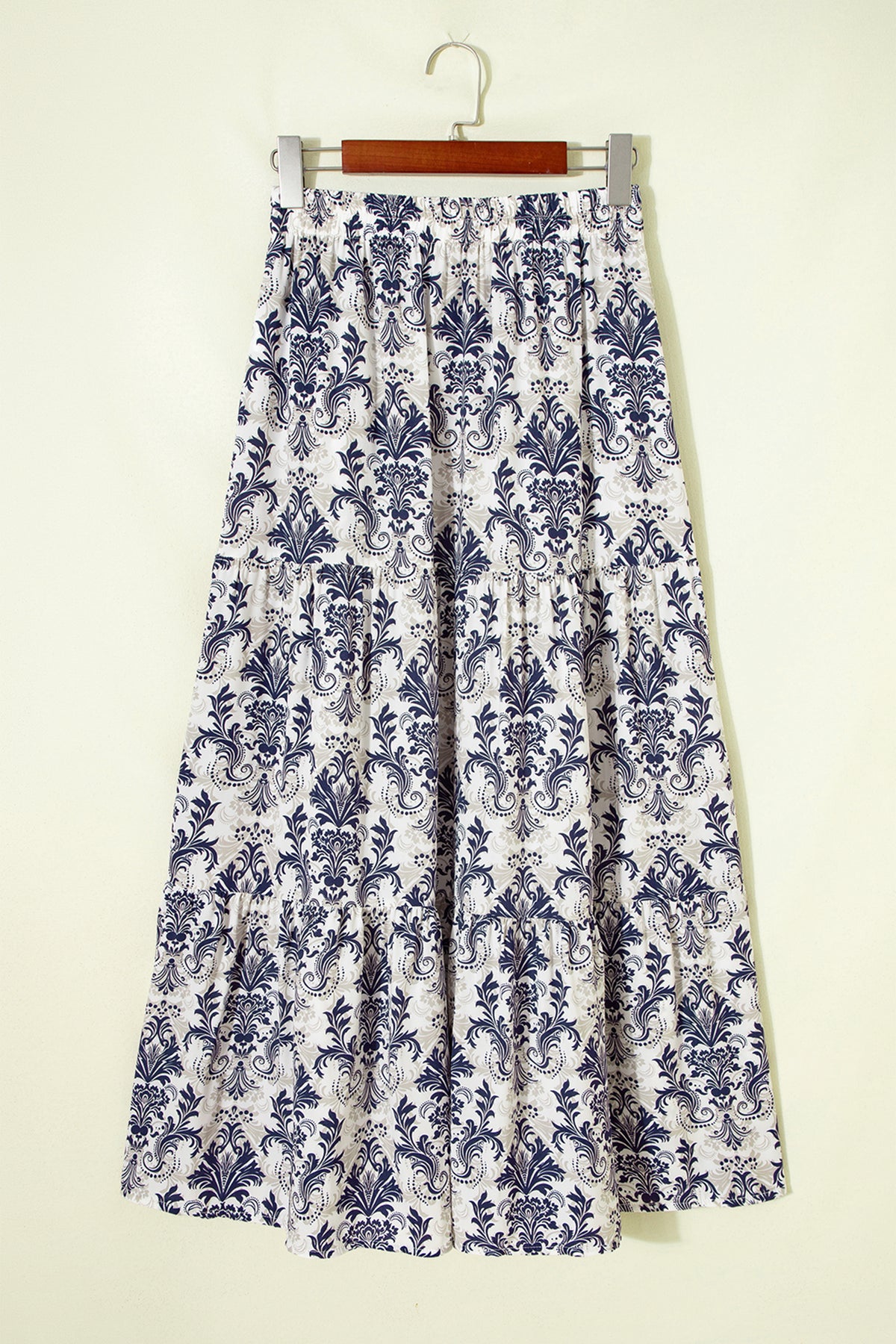 Blue Bohemian Floral Print Tiered Maxi Skirt with Split