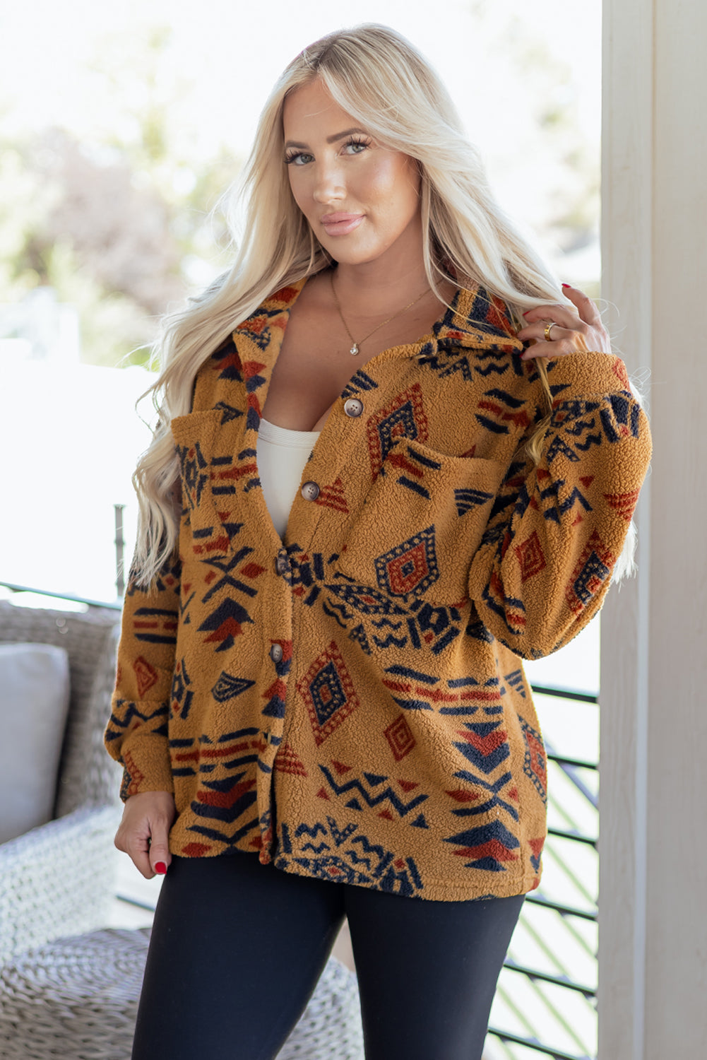 Khaki Western Aztec Pattern Fleece Shacket