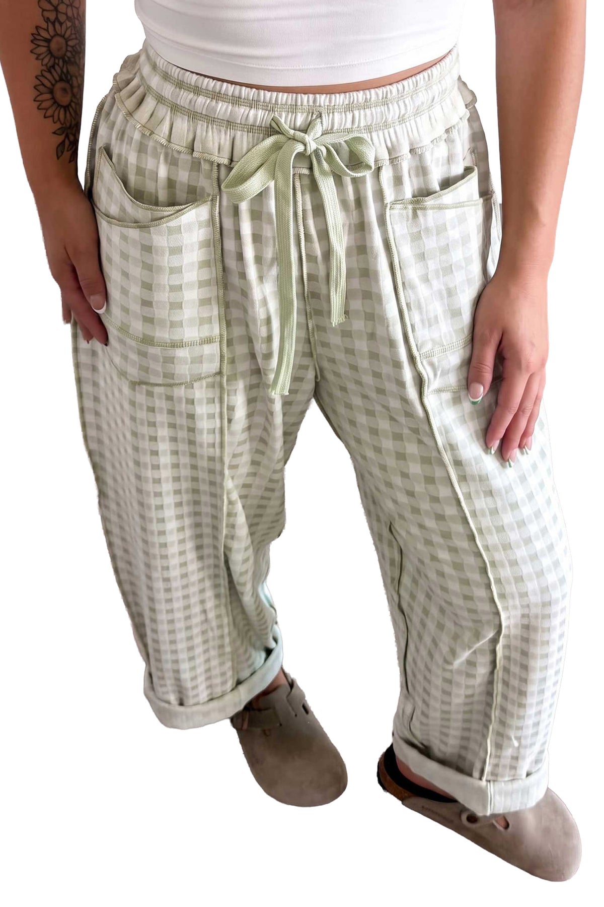 Green Plaid Contrast Trim Drawstring Elastic Waist Shift Pants