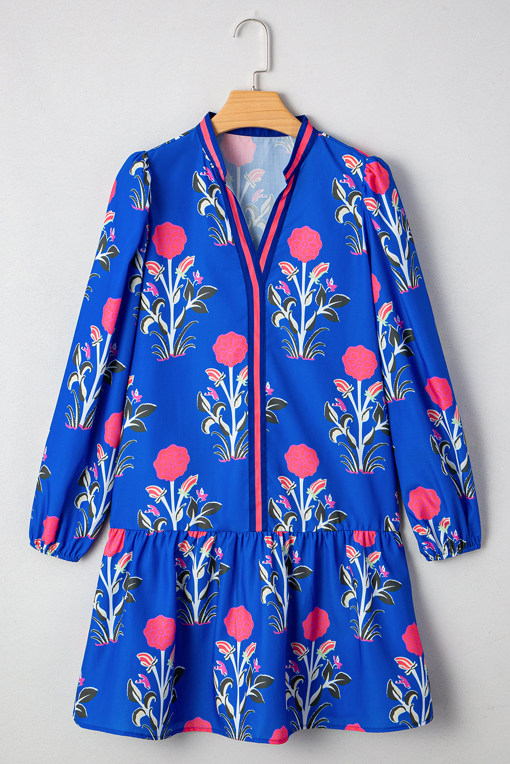Sky Blue Floral Print Contrast Striped Trim Notched Neck Long Sleeve Dress