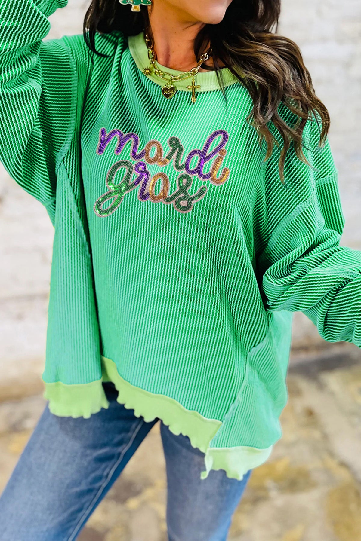 Bright Green Twisted Ribbed mardi gras Sequin Graphic Exposed Seam Patchwork Pullover Top