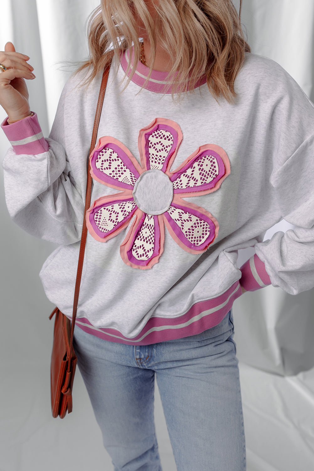 Gray Flower Patch Contrast Trim Crew Neck Sweatshirt