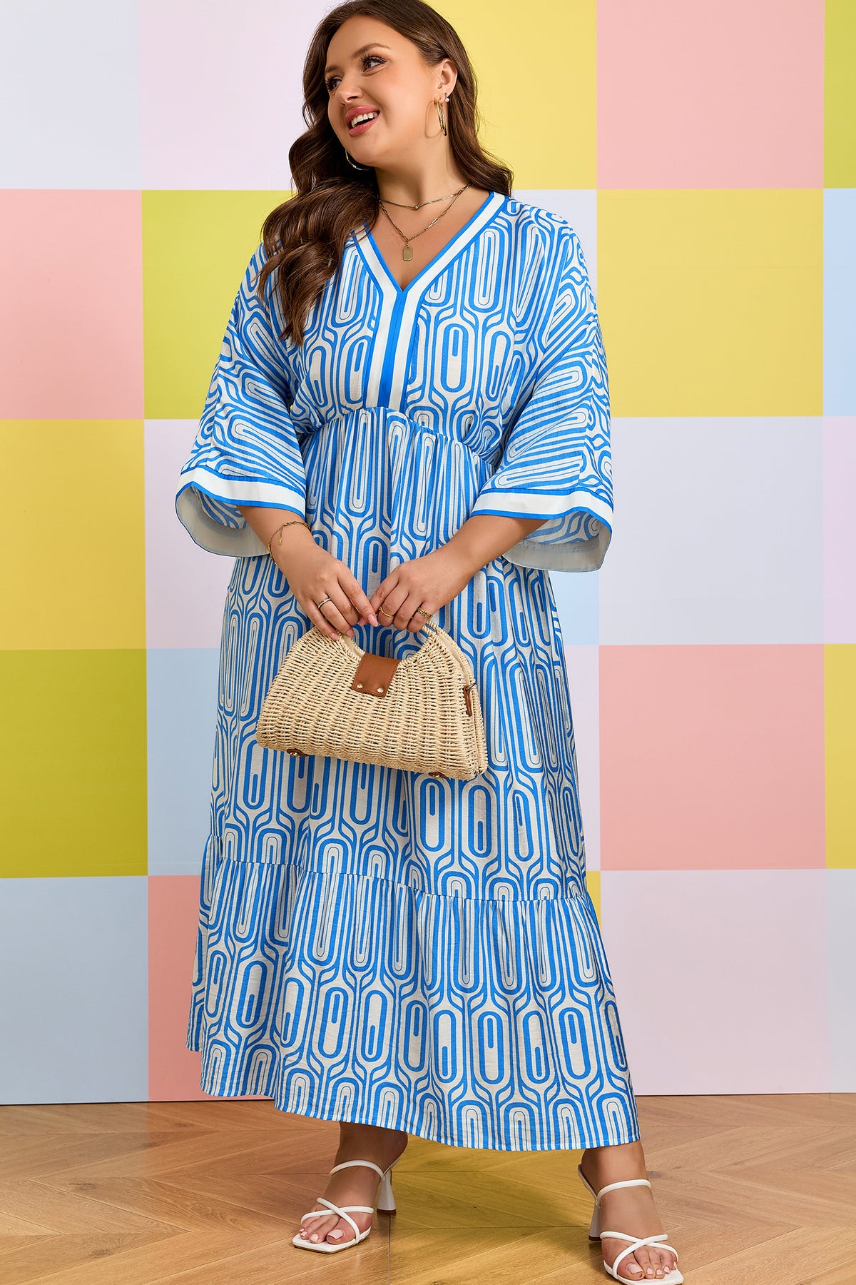 Sky Blue Plus Size Geometric Print Contrast Trim V Neck Bracelet Sleeve Long Dress